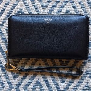 Black Leather Fossil Wristlet Clutch Wallet